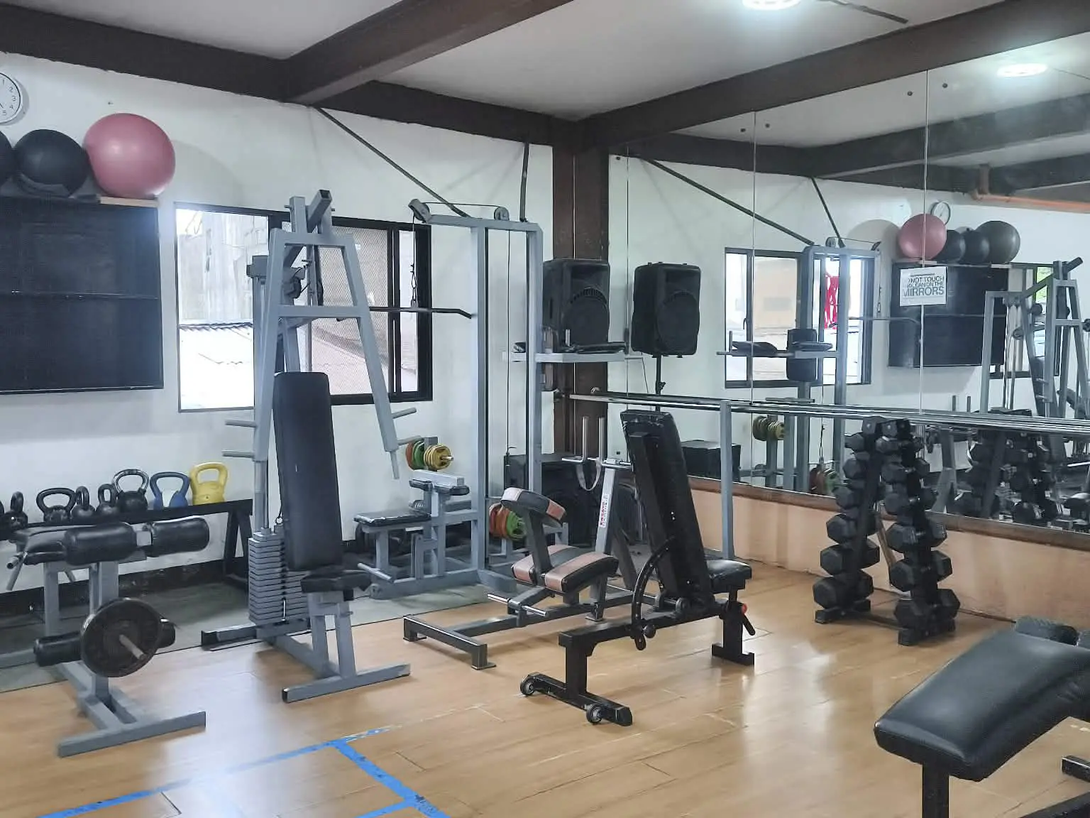 Free weights and workout benches